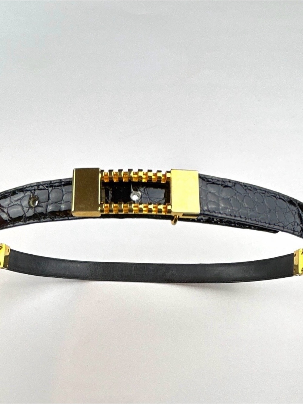 Vintage Neiman Marcus Black Croc Leather Belt Italy Gold Zipper Hardware 75/30